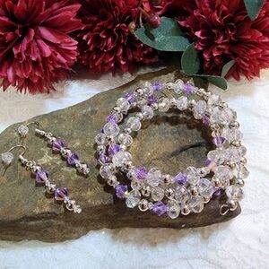 Purple AB Crystal Glass Beaded Bracelet And Earrings With Silver Toned Accents